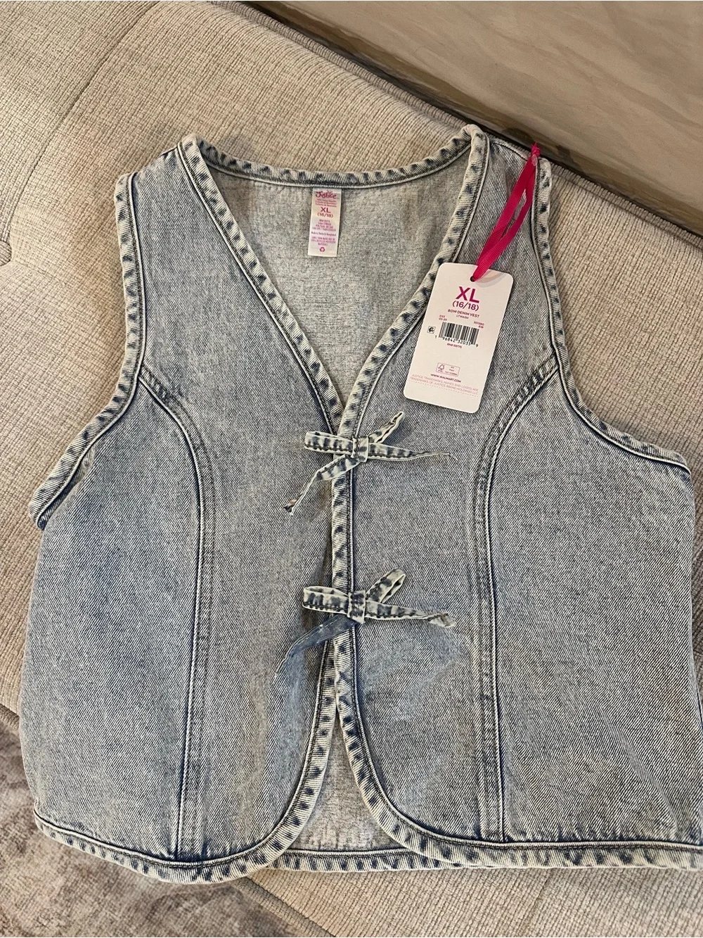 Justice Light Blue Acid Wash Denim Vest with Front Tie Closures
